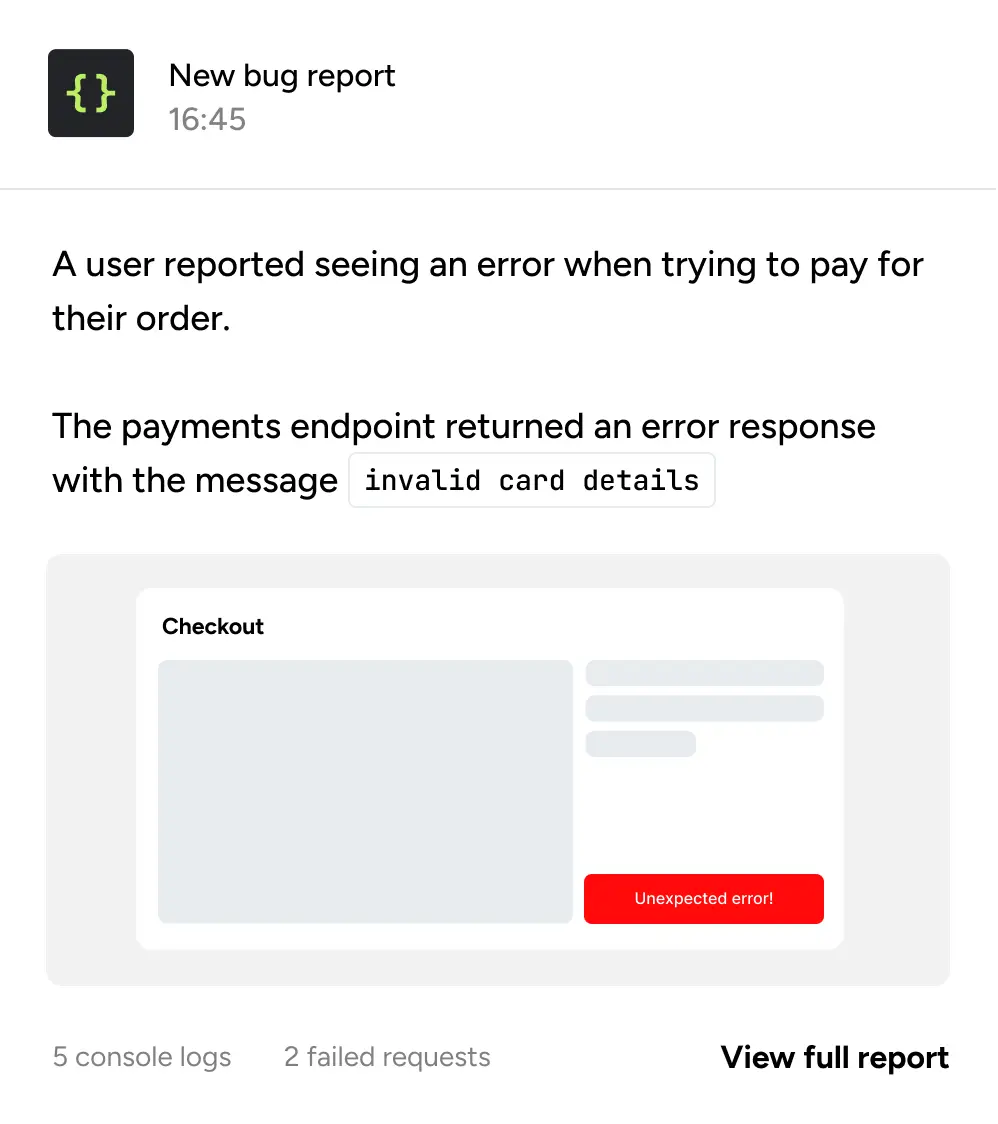 A screenshot of an automatically generated bug report, containing helpful context.