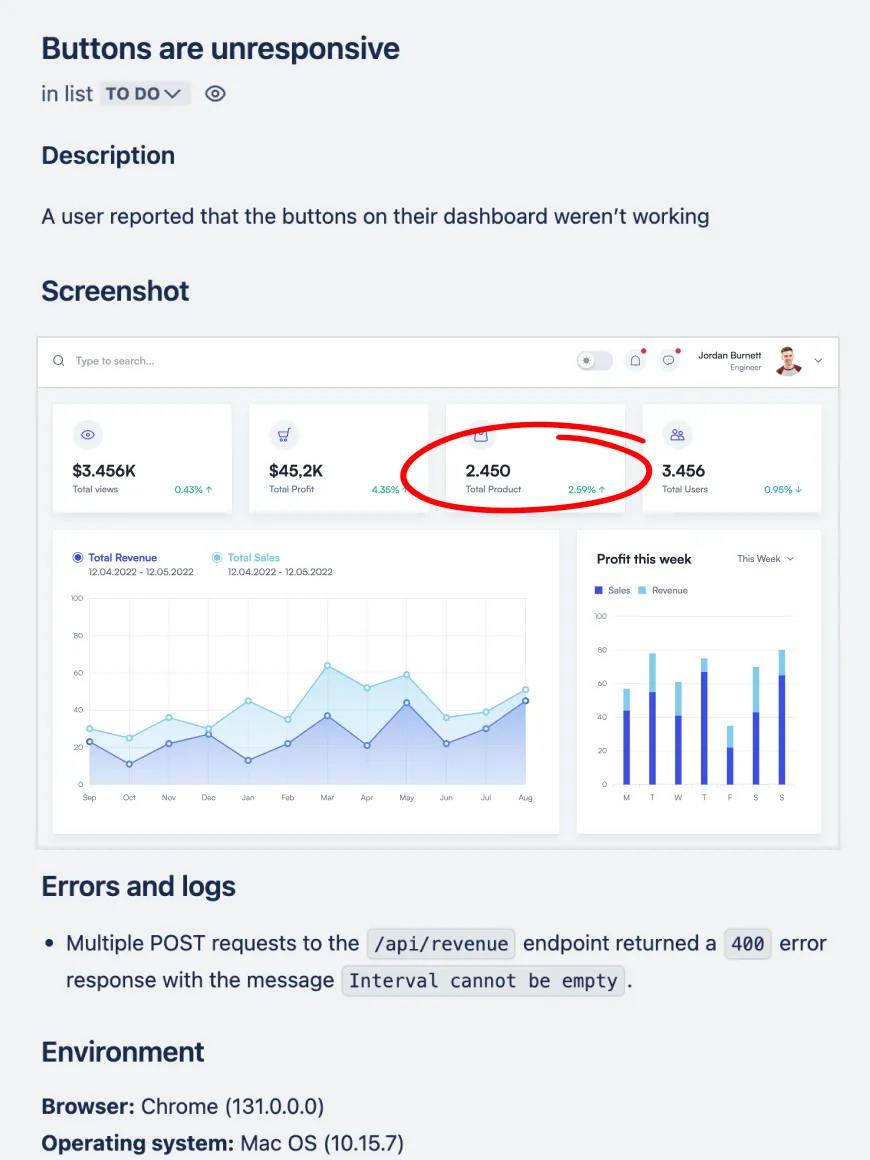 A Trello card containing a data rich bug report