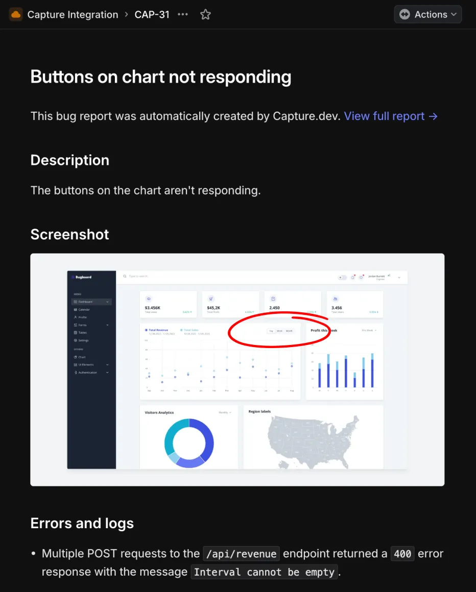 A Linear issue containing a data rich bug report