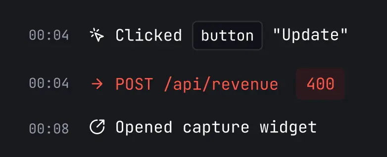 A list of browser activity containing the items: 1. Clicked update button. 2. Post request to api/revenue failed. 3. Opened capture widget